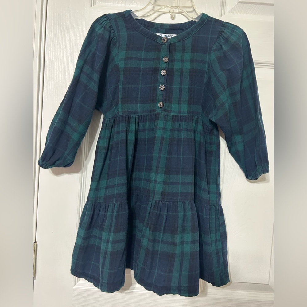 OLD NAVY Girls Navy Blue & Green Plaid Dress Cotton Flannel Christmas Size 6-7